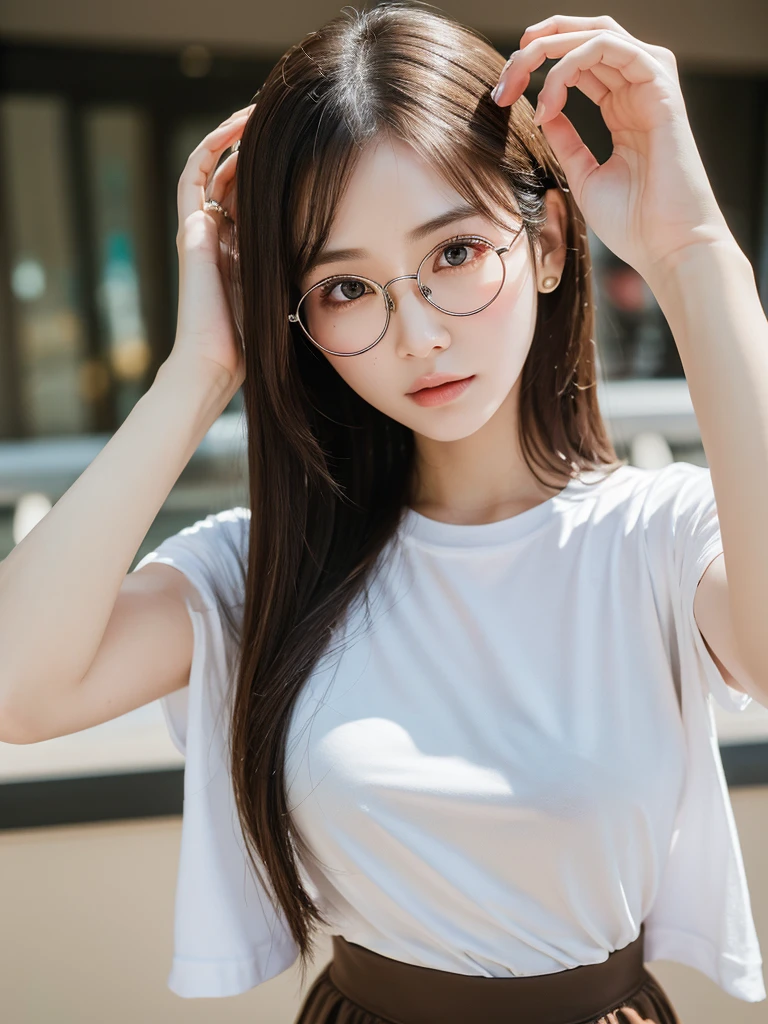 elegant woman, beautiful detailed eyes, beautiful detailed lips, extremely detailed eyes and face, long eyelashes, slender body, thin face, delicate features, flawless porcelain skin, glistening sweat, ultra-thin hands, ultra-fine fingers, best ratio four finger and one thumb, realistic, oversized T-shirt, mini skirt, one-person viewpoint, Fuji Film, F/1.2, 8K, masterpiece, nffsw, super detail, high quality, best quality, high resolution, glasses, mole under right eye, gravure pose, natural hand pose
