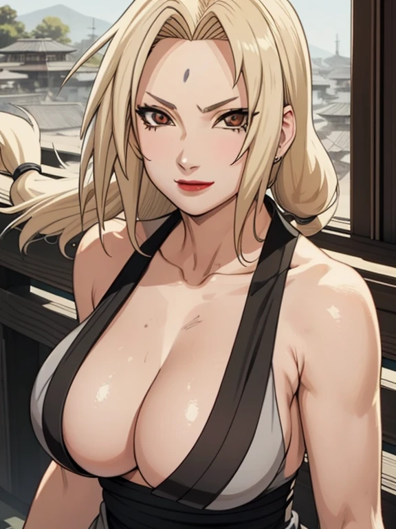 1 Girl, solo, tsunade, 30 years old, tsunade, sleeveless, Big red lips, Mature breast, ninja, Full body, looking, big eyes, The rise of Halima, mature, Big Donkeys, A wonderful smile, wind, Yellow hair