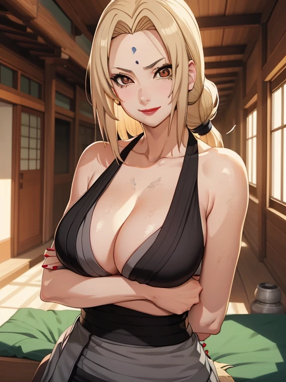 1 Girl, solo, tsunade, 30 years old, tsunade, sleeveless, Big red lips, Mature breast, ninja, Full body, looking, big eyes, The rise of Halima, mature, Big Donkeys, A wonderful smile, wind, Yellow hair