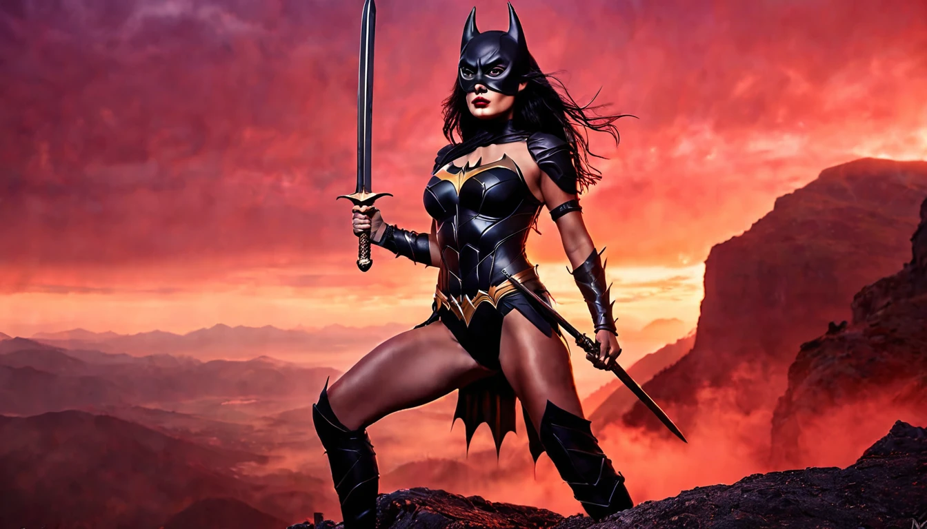 barbarian warrior woman, athletic cue, with batgirl mask, long black hair, legendary sword in hand, black mountains in the background, sunset, red fog, ethereal atmosphere, cinematic lighting, photorealistic, (best quality, 8k, high resolution, masterpiece: 1.2), ultra detailed, realistic, photorealistic: 1.37, spectacular lighting, moody, fantasy, concept art