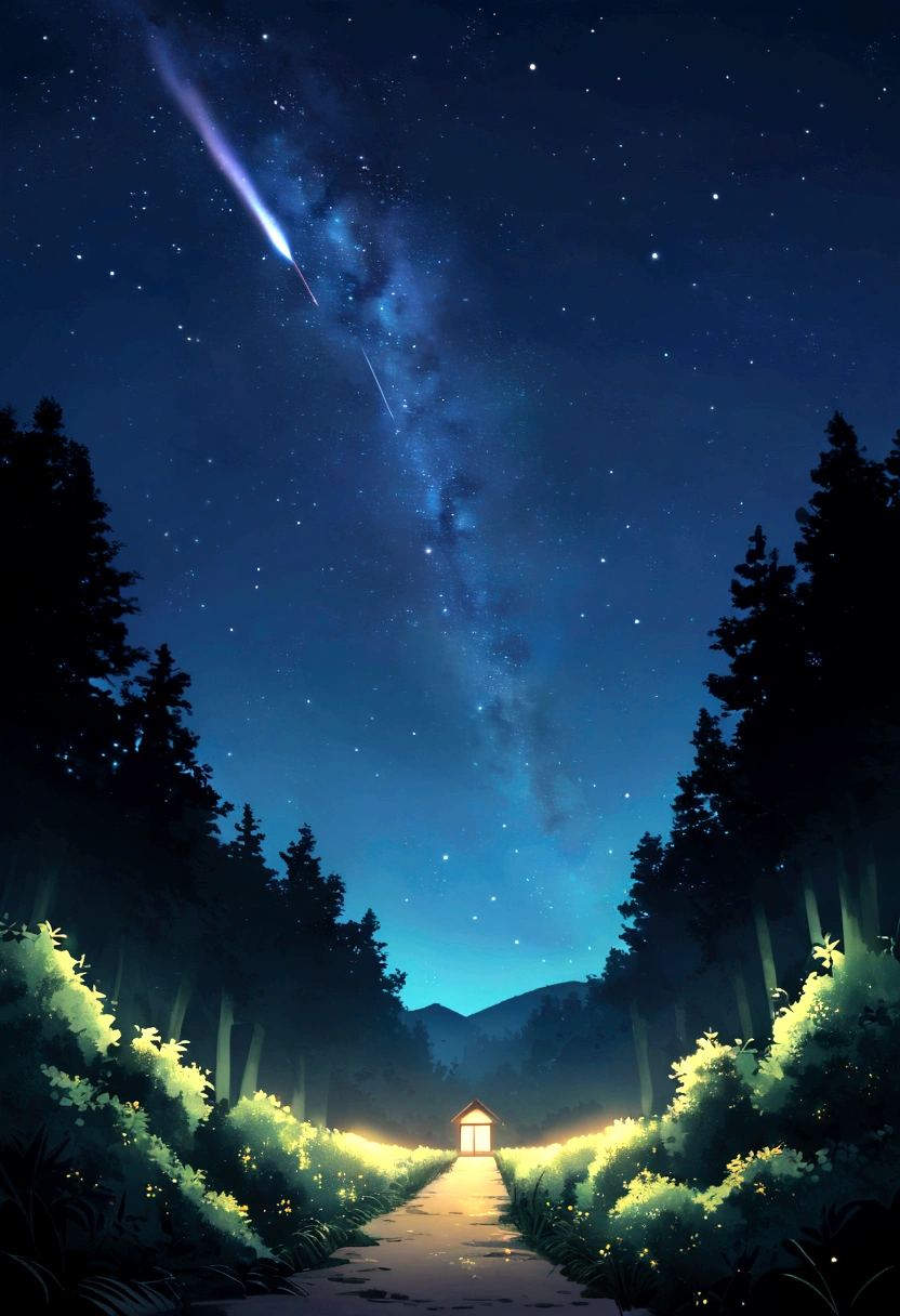 Forest and night sky　A starry sky　shooting star　Sparkling　No people　No characters needed　Landscape only　Landscape painting