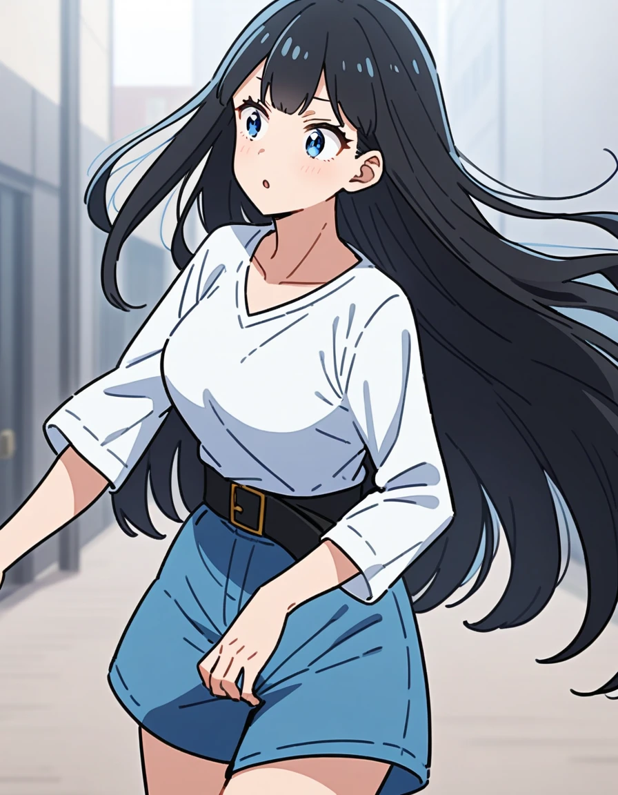 capture of adult girl from the anime Boku No Hero, long black waist-length hair, light blue eyes, simple white long-sleeved T-shirt with V-neckline, blue shorts