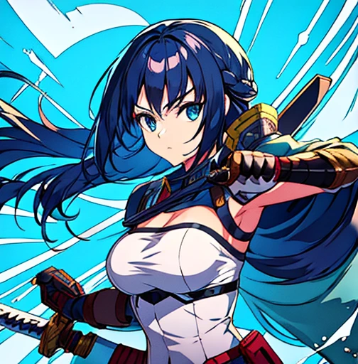 an animated character is in the background of a video game screener and an image of a girl in an with a sword on her shoulder and her breasts spread out