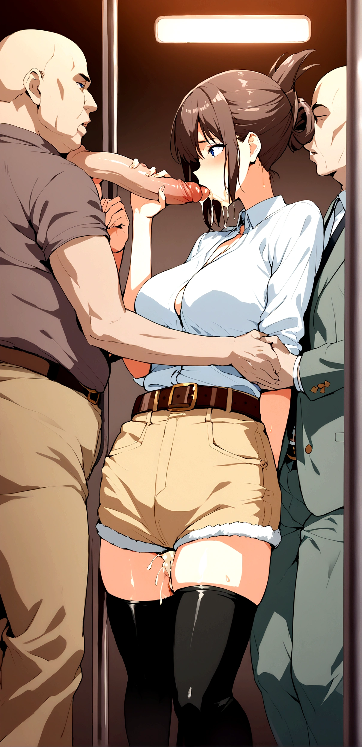 Multiple penises,Slender and sexy woman,Cum in mouth,deep throat ,Black thigh-high boots,Beige jeans shorts with belt,in the train,Molester,Multiple men,A man grabs a woman's arm,Put your hands behind your back,rape,Sex,Creampie,Folded ponytail,semen,profile,Anal,