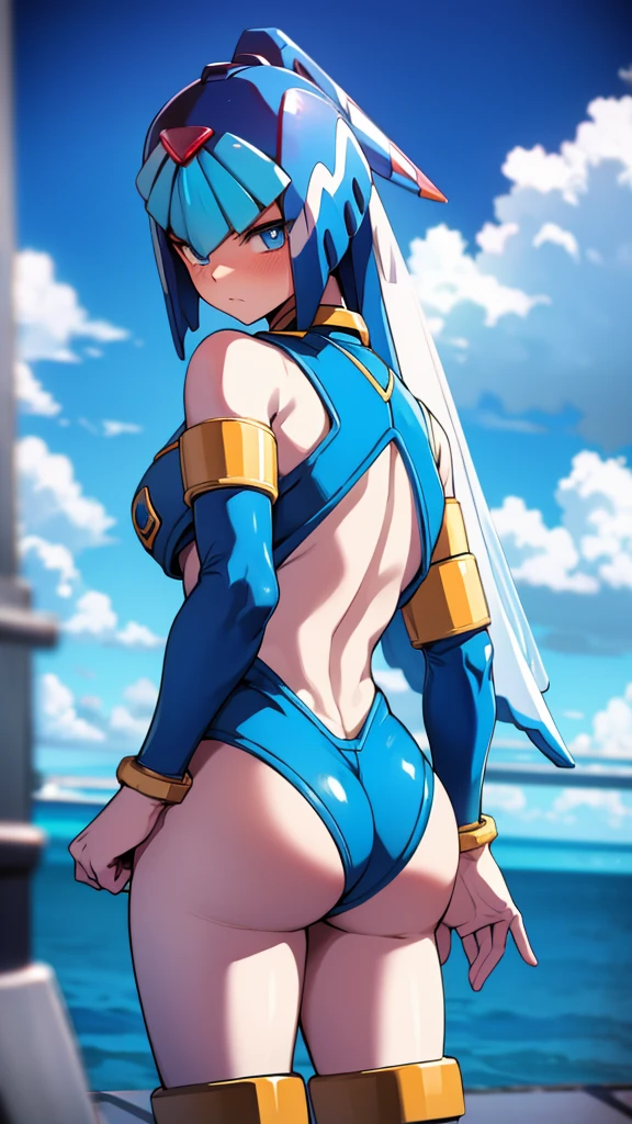 Leviathan_Megamanz, 1 Girl ,Looking at the viewer, standing with his back facing the viewer , blue hair, Blue eyes,Clouds background , Blushed , , Wedding ring, Glasses,