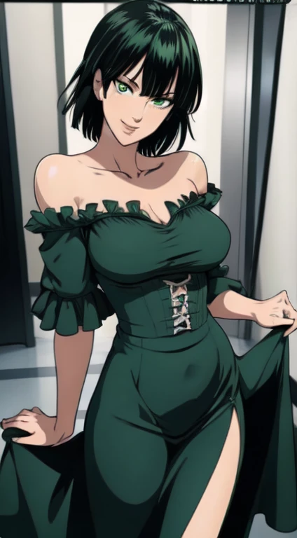 Fubuki, master piece, best image quality, facing the camera, evil smile, green skirt, Sexy tall, looking straight at the camera, short hair, Perfect body, seaside, green hair, off-the-shoulder clothes, medium breasts, cleavage, revealing dress, (1girl), sole girl, covered in,