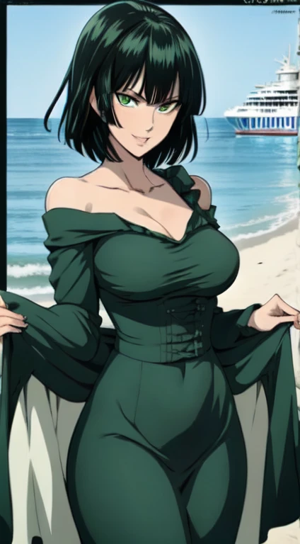 Fubuki, master piece, best image quality, facing the camera, evil smile, green skirt, Sexy tall, looking straight at the camera, short hair, Perfect body, seaside, green hair, off-the-shoulder clothes, medium breasts, cleavage, revealing dress, (1girl), sole girl, covered in,