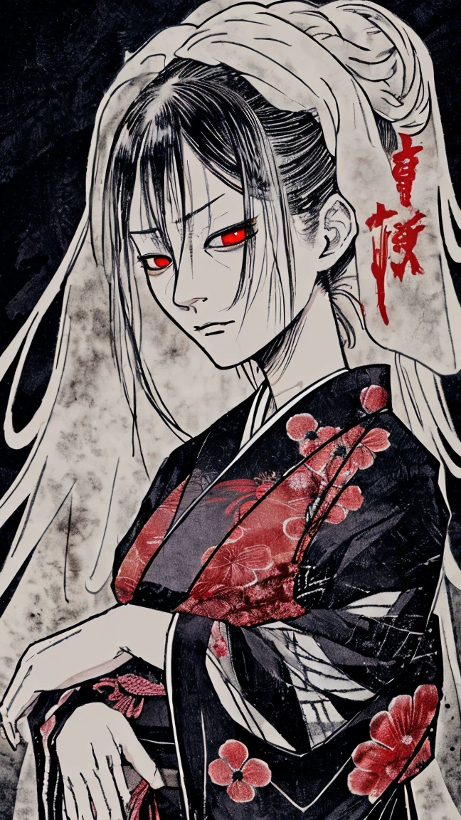 A ghostly depiction of Oiwa, a betrayed woman turned vengeful spirit from Yotsuya Kaidan. She has a distorted, haunting face and wears traditional Japanese attire. The background is a dark, eerie setting with a hint of supernatural elements, evoking a sense of fear and revenge.