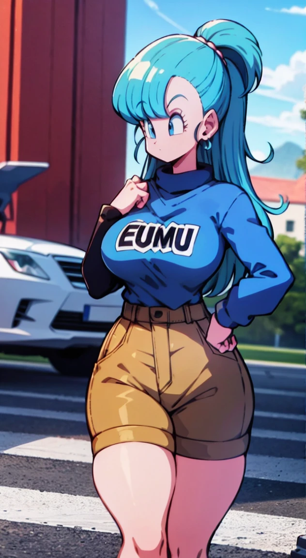 cool posee,big breasted, voluptuous,Score12, BLUE CYAN HAIRS, BULMA,,LONG HAIR, cartoon