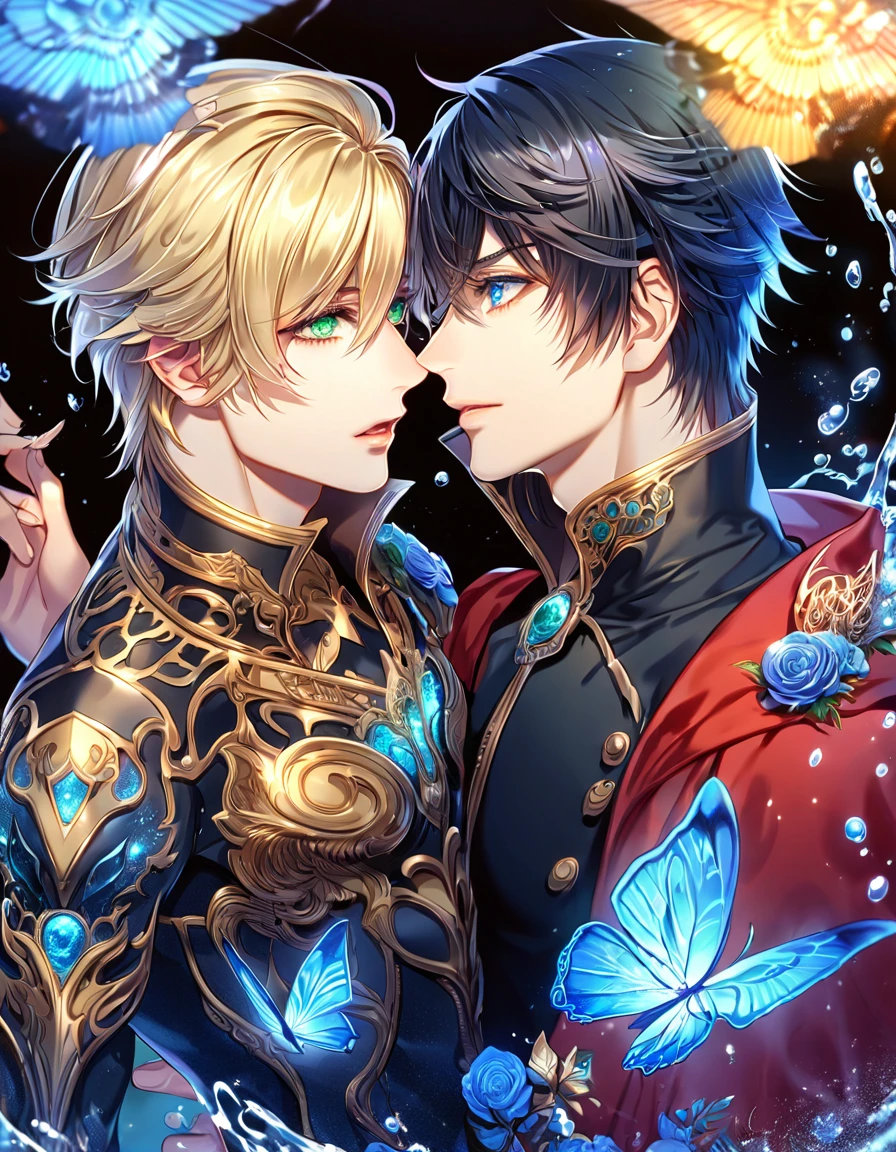 absurdres, highres, ultra detailed, HDR, master piece, best quality, extremely detailed, Kunagiri Machina, black hair, expressive green eyes, Final Fantasy Agito, Ace, blonde hair, expressive blue eyes, two sexy men together, yaoi, gay couple, handsome, black uniform, red cape, fantasy, water, sparkling, blue glittering fireflies, blue moon, blue flowers, blue butterflies, starry sky