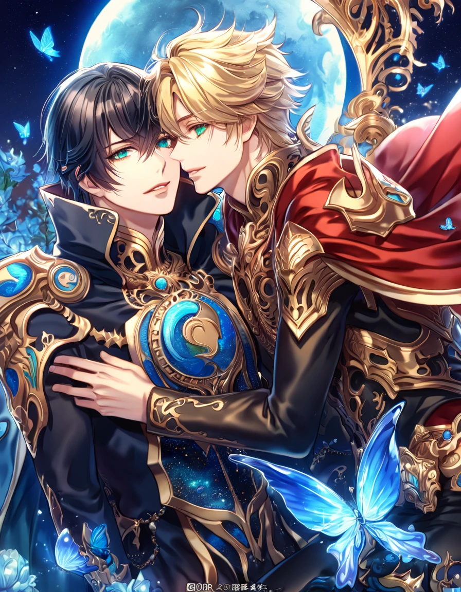 absurdres, highres, ultra detailed, HDR, master piece, best quality, extremely detailed, Kunagiri Machina, black hair, expressive green eyes, Final Fantasy Agito, Ace, blonde hair, expressive blue eyes, two sexy men together, yaoi, gay couple, handsome, black uniform, red cape, fantasy, water, sparkling, blue glittering fireflies, blue moon, blue flowers, blue butterflies, starry sky