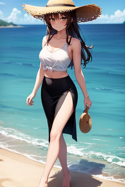 1girl, woman wearing white tank top (tied), midriff, sun hat, tight midi pencil skirt (black), long length pencil skirt, black skirt, long brown hair, looking at viewer, full body, walking on the beach barefoot, smile, blush, beach, summer, ocean, ocean waves, large bust