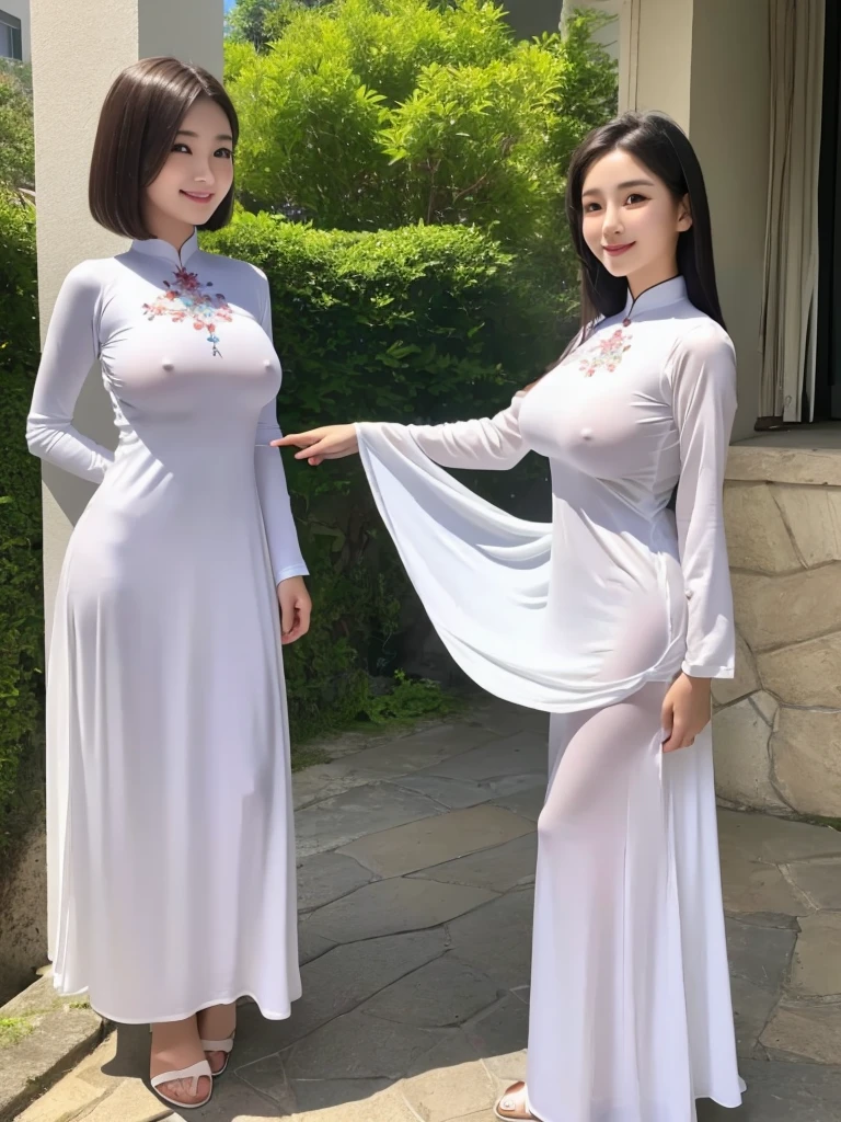 Highest quality、masterpiece、、Very detailed、Realistic、(Two Girls)、(Looking at me with a mischievous smile)、whole body、Small face、Narrow shoulders、(Big Breasts:1.2)、Thin and beautiful legs、Tight and slim waist、(Ao Dai:1.1)、Short Hair、(Erect nipples:1.1)