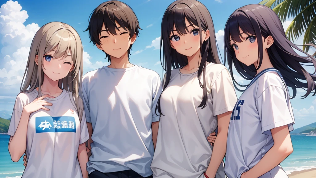 Masterpiece,high school,smile,Are standing,Put your hands behind your back,close your eyes,1 ,Long Hair,Brown Hair,はにかんだsmile0.5,White,uniform,cute,White skin,summer,blue sky,couple,2 people,boy and girl