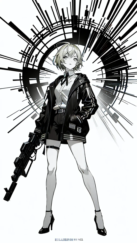 1 girl, short yellow hair, cyberpunk, Alice in Wonderland, black high heels, hand in pocket, best quality, 4k, 8k, highres, masterpiece:1.2, ultra-detailed, realistic, photorealistic, photo-realistic:1.37, HDR, UHD, studio lighting, ultra-fine painting, sharp focus, physically-based rendering, extreme detail description, professional, vivid colors, bokeh, concept art