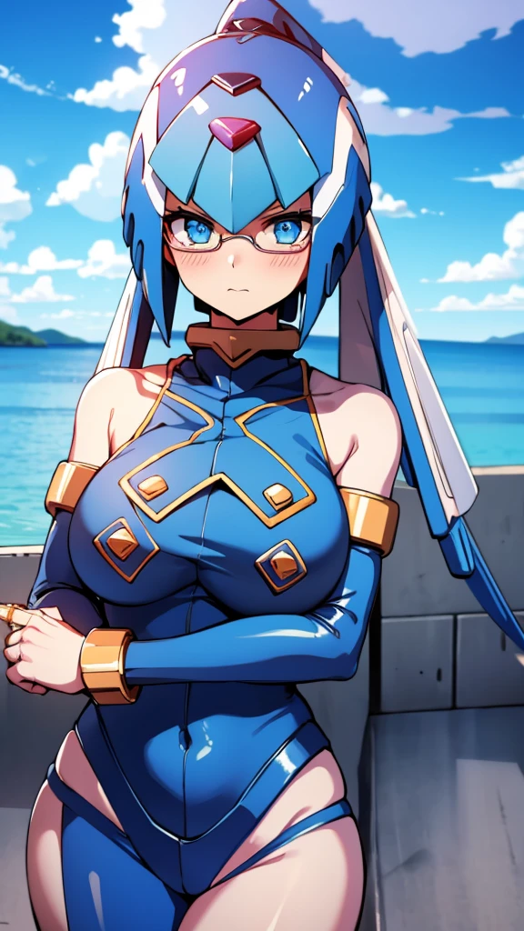 Leviathan_Megamanz, 1 Girl, looking at viewer, blue hair, Blue eyes, Simple background , Blushed ,  , Wedding ring, Leaning on a table , Glasses , sharped Eyes, Naked, Blue Micro Bikini , Stomach Bulge, Panties Aside, penis on vagina, virginity loss, sex, pov sex, After sex face