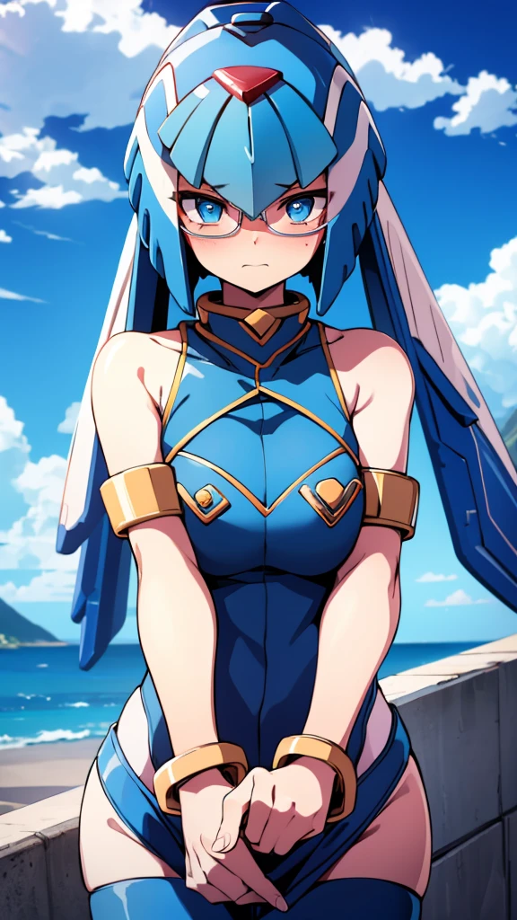 Leviathan_Megamanz, 1 Girl ,Looking at the viewer , blue hair, Blue eyes,Clouds background , Blushed , , Wedding ring, Glasses, xxx