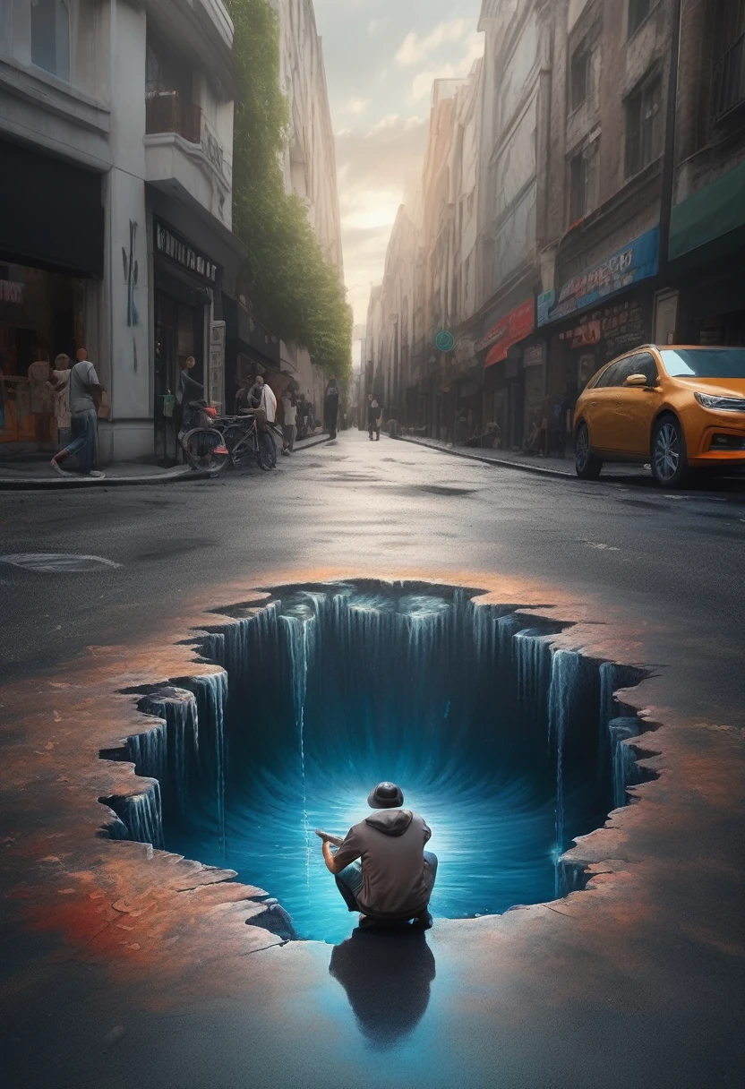 a street artist has painted a completely realistic hole full of water in the middle of a street, the artist with chalk in hand is kneeling beside it. Epic cinematic brilliant stunning intricate meticulously detailed dramatic atmospheric maximalist digital matte painting.