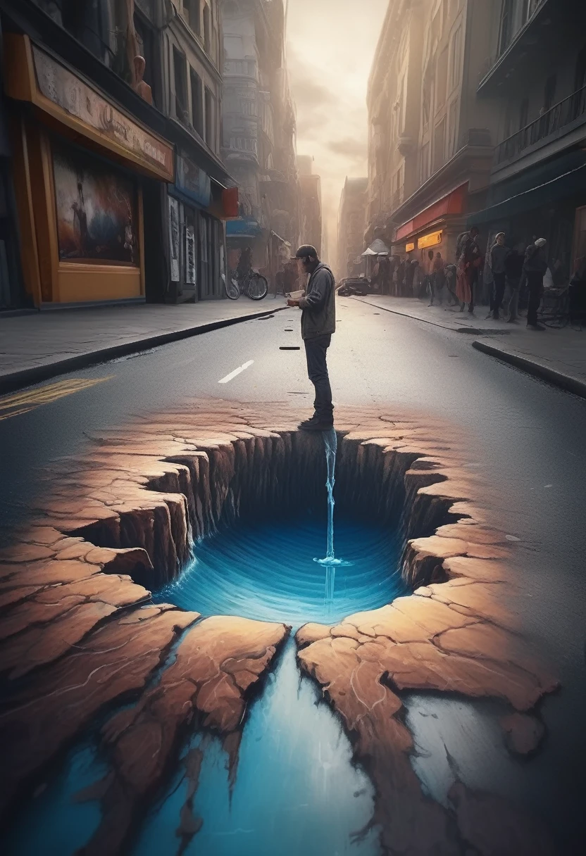 a street artist has painted a completely realistic hole full of water in the middle of a street, the artist with chalk in hand is kneeling beside it. Epic cinematic brilliant stunning intricate meticulously detailed dramatic atmospheric maximalist digital matte painting.