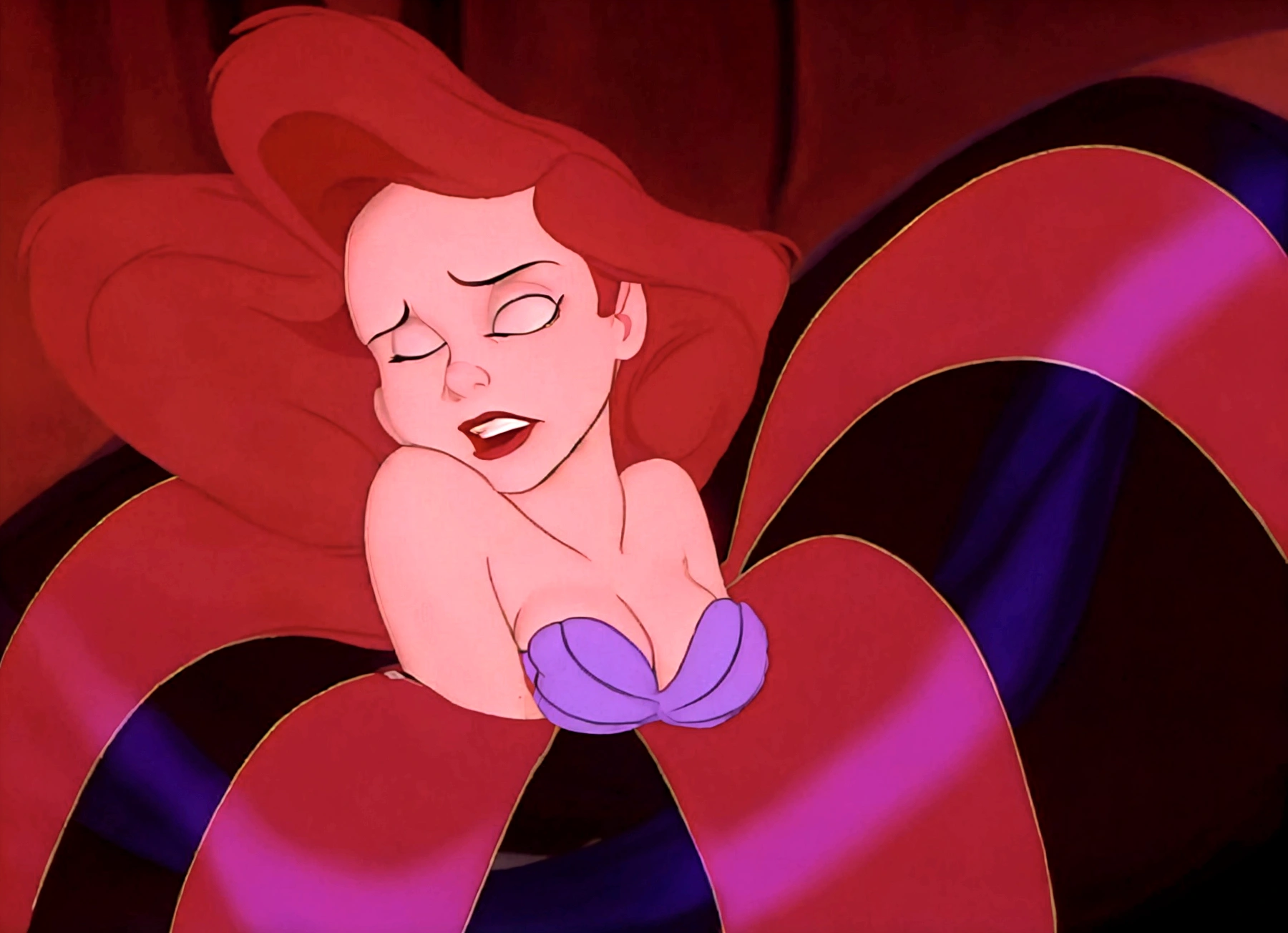 a close up of a cartoon character with a red hair, jessica rabbit, female disney villain, emma watson as jessica rabbit, megara, classic disney mood, the little mermaid, ariel the little mermaid, scales covering her chest, little mermaid, sleeping beauty, disney villain, serpentine pose, princess ariel, movie screencap, portrait of megara, brittney lee