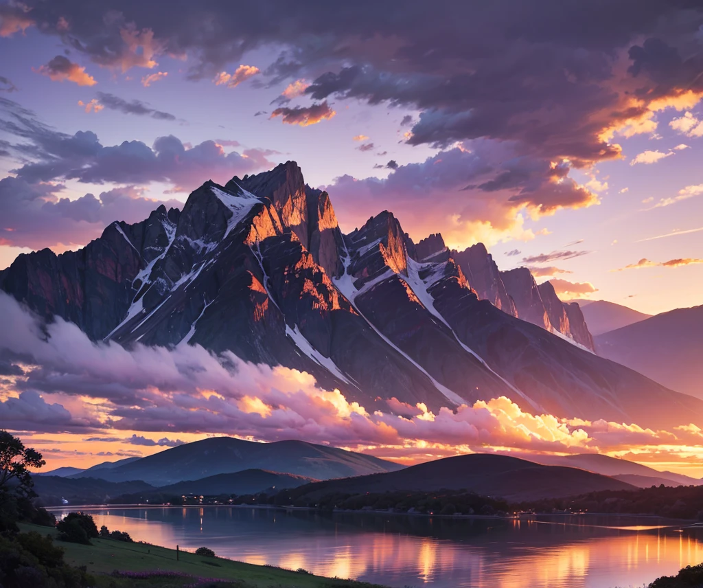 A beautiful purple sky, dramatic sunset, glowing clouds, detailed landscape, rolling hills, lush greenery, serene lake, reflection, dramatic lighting, painterly style, vibrant colors, photorealistic, 8k, high quality, masterpiece