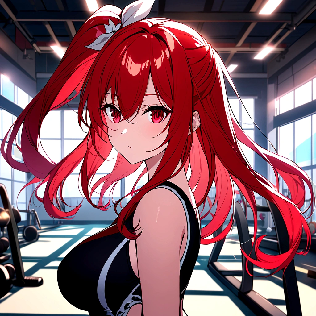 {{{ high quality}}}, Detailed illustration of a woman with {{Ruby-kissed long RED hair}}. {{{Her eyes are red and gold, an enchanting shade of golden and ruby red swirling vortexes, colorful cloudy and smoke-colored background}}}. She is at gym. {{{LONG RED HAIR}}}. {{{eyes RED & GOLD}}}. {{{big breasts}}}, Close-up of girl, girls front.