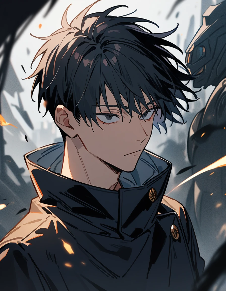 (1boy,jujutsu kaisen) solo, robot, black hair, (layered cut), black bright eyes, masterpiece, best quality, high quality, upper body, male focus,