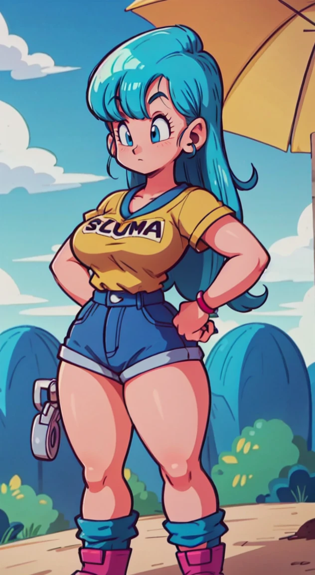 score_9,score_8_up, score_7_up, score_6_up, score_5_up, score_4_up, source_anime, 1girl, bulma, huge breasts,crop top, areolae, puffy nipples,  underboob, from below,solo,closeup
