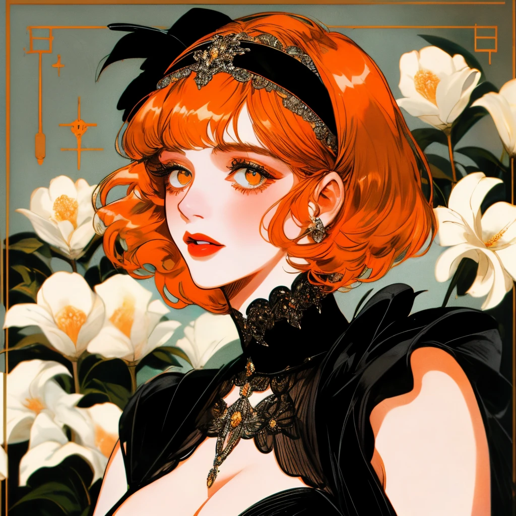 masterpiece, collage of short orange haired woman, hazel eyes, show cleavage a little, wearing black dress and black flapper headband, German, 1920s, 1920s outfit, a singer, in a cruise, flower, realistic size of facial features