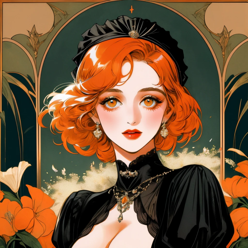 masterpiece, collage of short orange haired woman, hazel eyes, show cleavage a little, wearing black dress and black flapper headband, German, 1920s, 1920s outfit, a singer, in a cruise, flower, realistic size of facial features