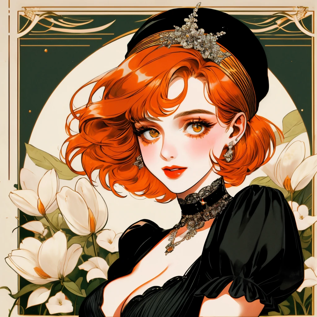 masterpiece, collage of short orange haired woman, hazel eyes, show cleavage a little, wearing black dress and black flapper headband, German, 1920s, 1920s outfit, a singer, in a cruise, flower, realistic size of facial features