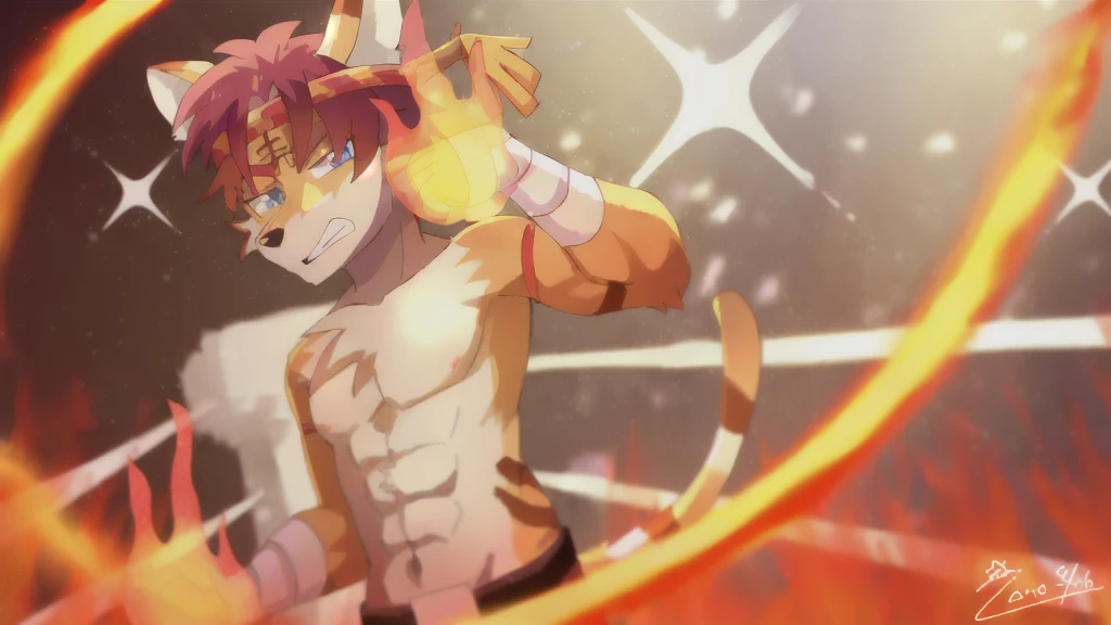 anime character with a cat head and tail in a ring of fire, fire!! whole body, 炽烈的地狱fire, fire behind him, Buizel and human integration, full resolution, SFW version, Badass Pose, commission for high resolution, firey, has fire powers, fire type, high resolution, High-quality fanart, Furry Art!!!, (fire), Detailed fan art