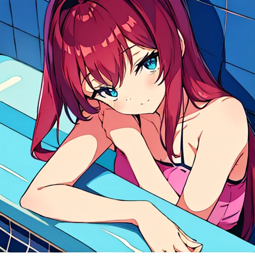anime anime, young girl laying in the bathtub with her hand on her chest