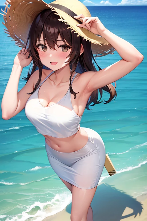 1girl, woman wearing white tank top (tied), midriff, sun hat, tight midi pencil skirt (black), long length pencil skirt, black pencil skirt, long brown hair, looking at viewer, full body, walking on the beach barefoot, smile, blush, beach, summer, ocean, ocean waves, large bust