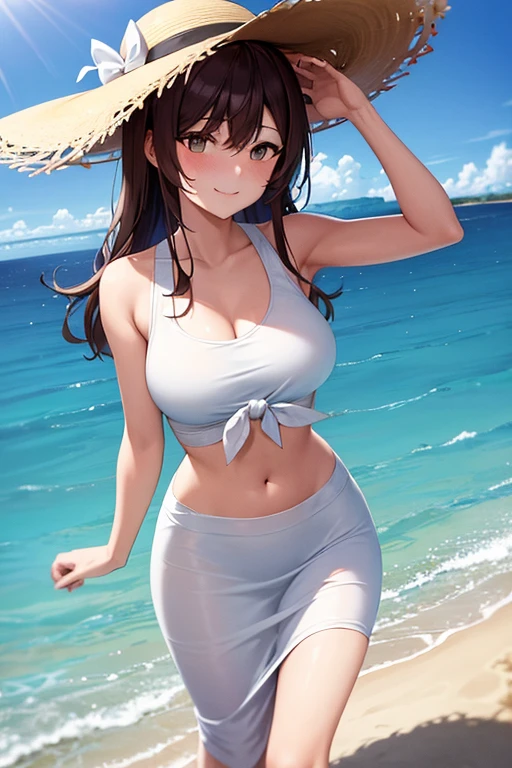 1girl, woman wearing white tank top (tied), midriff, sun hat, tight midi pencil skirt (black), long length pencil skirt, black pencil skirt, long brown hair, looking at viewer, full body, walking on the beach barefoot, smile, blush, beach, summer, ocean, ocean waves, large bust