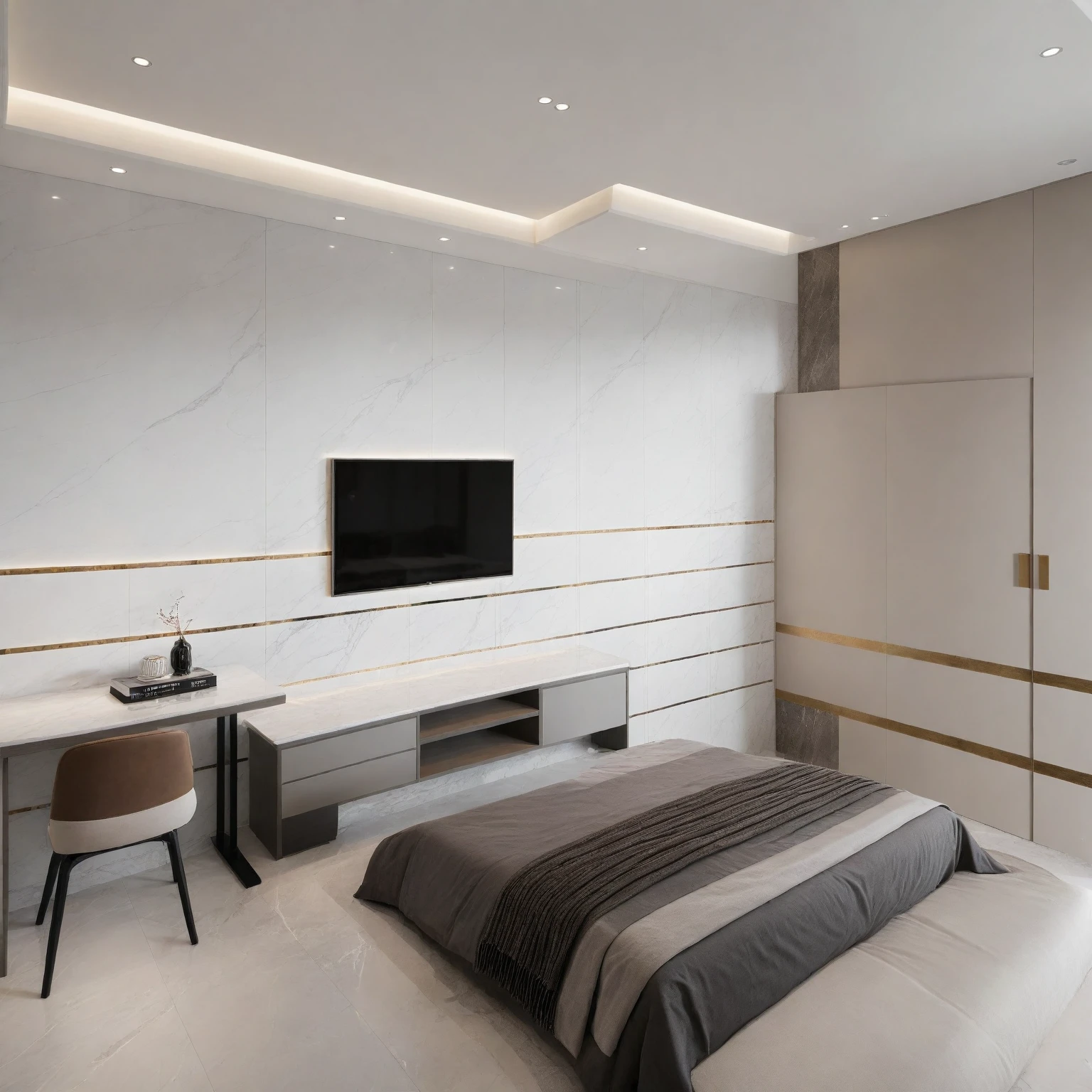 Raw photo,Masterpiece, high quality, best quality, authentic, super detail,
indoors, interior , (( BEDROOM :1.3)), modern style, daylight, (WHITE WALL),luxury, marble tile floor,