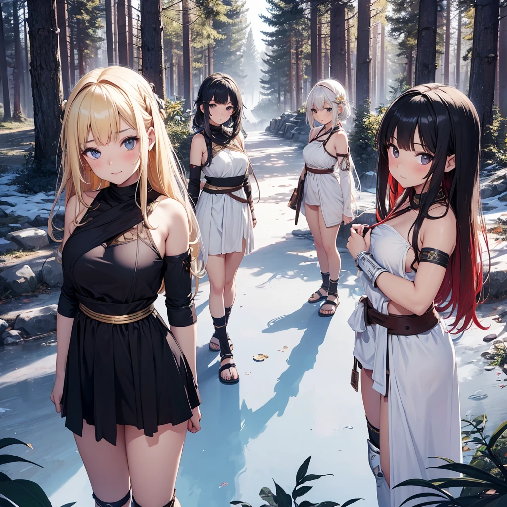 young greek warriors girls in togas , only girls , forest in the background ,four girls, sandals , close to the viewer,, sexy , multiple girls ,exposed belly, curves , black hair , blonde hair , red hair , white hair , light armor , knee pads, elbow pads,