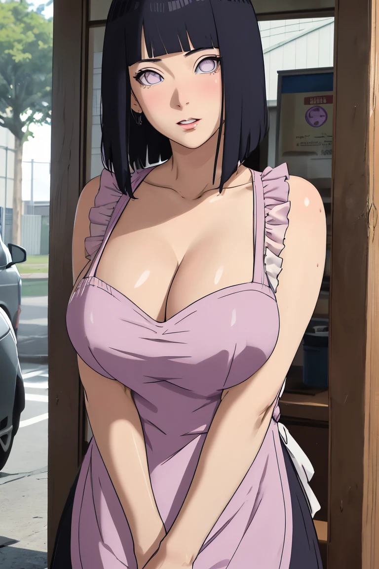 Made, absurderes, Hinata\(Boruto\), 1girll, Solo,Mature female, view the viewer,Perfectcomposition, Detailed lips, big breast, Beautiful face, body propotion, Blush, (Pink lips), Long hair, Purple eyes, Soft Gaze, Sticky Liquid In the mouth, Sticky Liquid in the Breast, Super realistic, Detailed, photoshoot, Realistick faces and bodies，（perspire，Sweat a lot，Blushlush，Be red in the face，Blushlush），（Bigboobs），Outdoors，Stand at the door of the phone booth，natta，raining day, ((apron)), ((cleavage)), sideboob