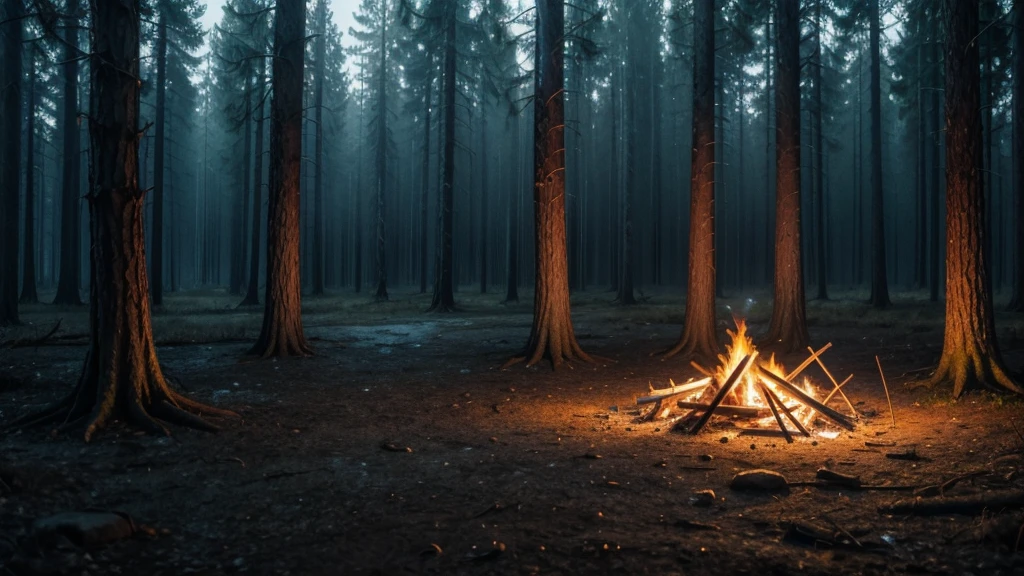 create a bonfire at night in a deserted forest with rain in the background
