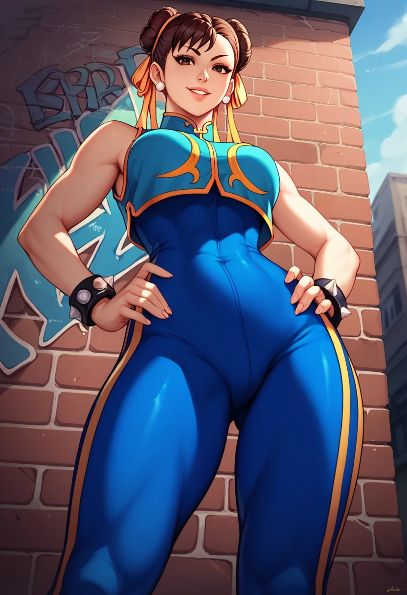 score_9, score_8_up, score_7_up, score_6_up, source_cartoon, BREAK masterpiece. CHUNLIAL, brown eyes, double bun, yellow ribbon, blue bodysuit, crop top, sleeveless, breasts, hand on own hip, looking at viewer, smile, parted lips,below view, smile, parted lips, alleyway, concrete wall, graffiti,