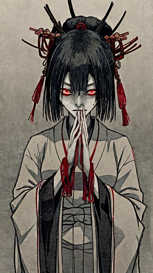 A ghostly depiction of Oiwa, a betrayed woman turned vengeful spirit from Yotsuya Kaidan. She has a distorted, haunting face and wears traditional Japanese attire. The background is a dark, eerie setting with a hint of supernatural elements, evoking a sense of fear and revenge.real.