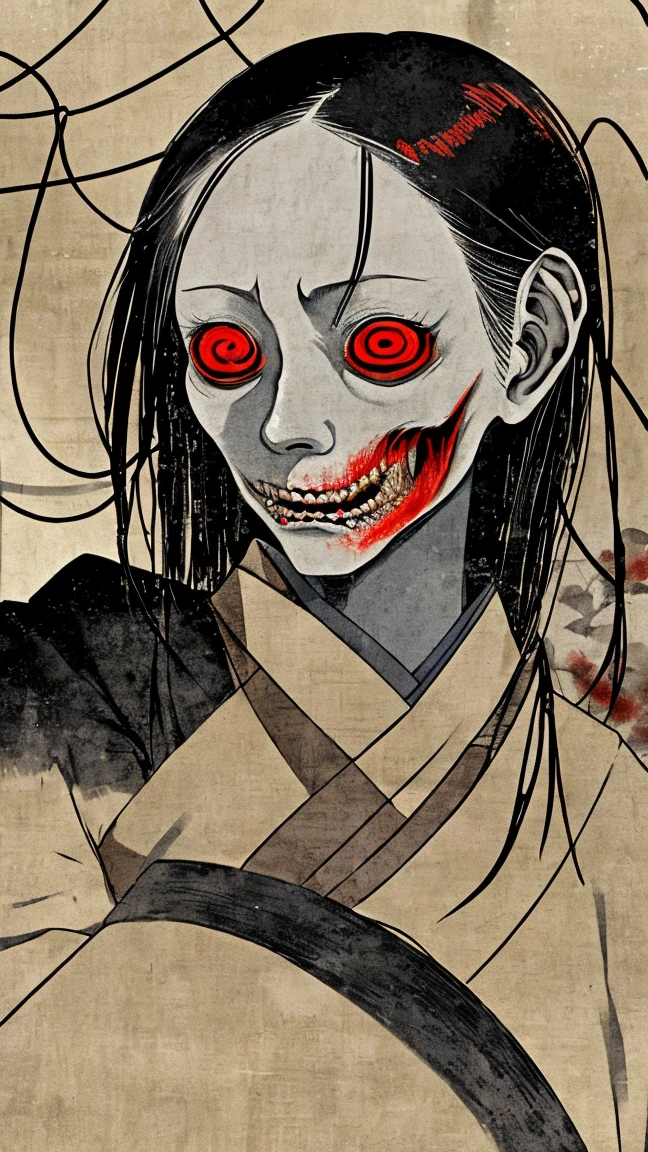 Please draw the terrifying figure of Kuchisake-onna.。She hides her face with her long black hair、Wear a white mask、Wearing a red coat。Her eyes were glaring with icy scrutiny.、Its mouth appears to be gaping and dripping with fresh blood.。The background is dark alleys and ruins、Create an eerie atmosphere of shadows and dim light。The whole image exudes an unsettling sense of silence and fear.、Please provide a realistic and detailed depiction.。