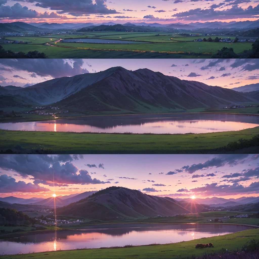 A beautiful purple sky, dramatic sunset, glowing clouds, detailed landscape, rolling hills, lush greenery, serene lake, reflection, dramatic lighting, painterly style, vibrant colors, photorealistic, 8k, high quality, masterpiece