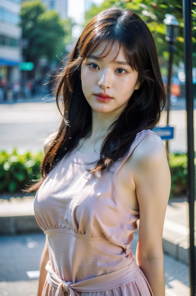 best quality, masterpiece, ultra high resolution, (realistic:1.4), RAW photos, 1 woman, street in the city center, open shoulder shirt, Small head, well proportioned