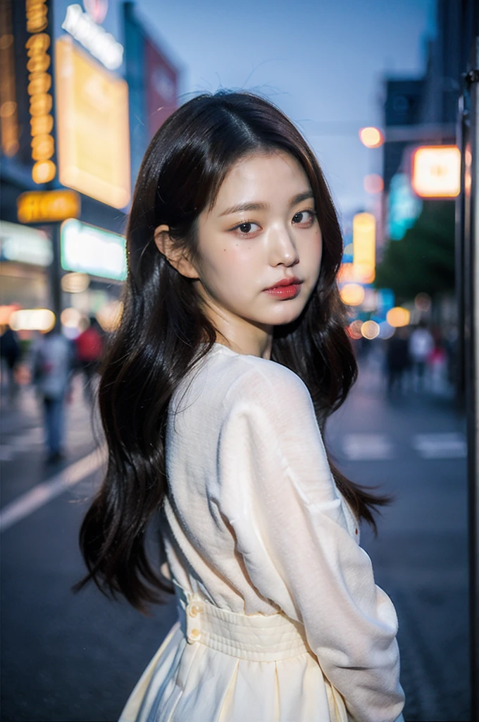 Best quality, masterpiece, ultra high res, (photorealistic), raw photo,1girl, skinny, upper body,solo, realistic, looking at viewer, long hair, bokeh background, city streets,brown eyes, bohemian dress,