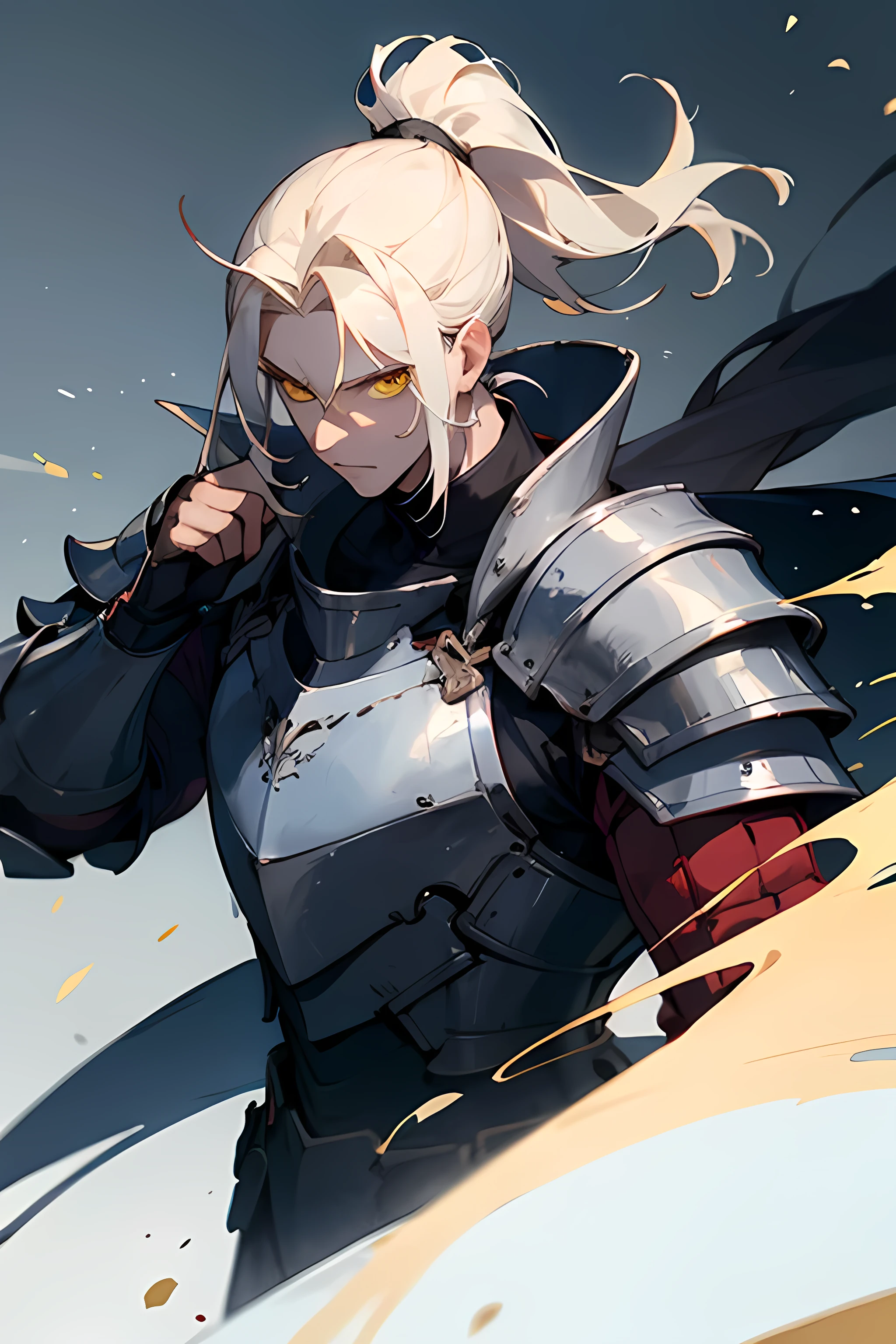 man with ponytail wearing iron armor and has yellow eyes and a goatee