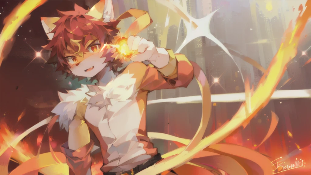 anime character with a cat head and tail in a ring of fire, fire!! whole body, 炽烈的地狱fire, fire behind him, Buizel and human integration, full resolution, SFW version, Badass Pose, commission for high resolution, firey, has fire powers, fire type, high resolution, High-quality fanart, Furry Art!!!, (fire), Detailed fan art