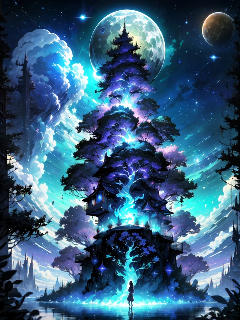high quality, 8K Ultra HD, In "Celestial Dreamscape," the canvas bursts with ethereal colors that seem to defy the laws of nature, The sky is a mesmerizing blend of deep indigo and shimmering hues of violet, as though it holds secrets from distant galaxies, A cascade of celestial bodies, including otherworldly planets and iridescent moons, orbits in a cosmic dance, casting a soft glow upon the dreamlike landscape, The foreground reveals an enchanted forest, where trees are adorned with phosphorescent leaves that emit a gentle, soothing light. The trunks of these mystical trees twist and intertwine, creating archways that beckon viewers to explore the hidden realms beyond, Small, luminescent creatures flit between the branches, leaving trails of stardust in their wake, by yukisakura, high detailed,