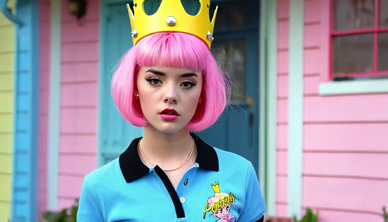 vhs cover slasher short and fancy pink hair, yellow crown in her hair, woman 1990 with a yellow cute polo shirt, black jeans, costume of Wanda from Fairly oddparents, actress, WID Photo, blue house background, blur background, portrait photo, with jeans ((Best quality)), ((masterpiece)), ((detailed)), perfect face, well lighted, warm lights, film analogic, foto a granos