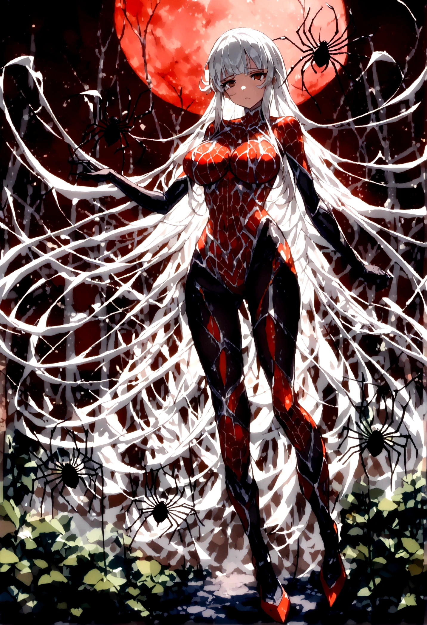 Beautiful anime style spider girl with long hair,((下半身はspiderの体である)),(((White Hair)))Long one curl hair,(((Highest quality)))Transparent Hair,Frowning face,Sad eyes,(((Brown eyes))),Beautiful woman of sadness,(((A well-defined, glamorous body)))Tight waist,Big Breasts,(((spiderの糸を巻いて着ている)))Beautiful and radical girl in radical tights suit,Oily skin,(((Sexy pose))),((Walking)),(((detailed)))Full Body Shot,spider,Countless threads wrapped around the body,(((background)))fog,Red Moon,in the forest,Dark Cave。